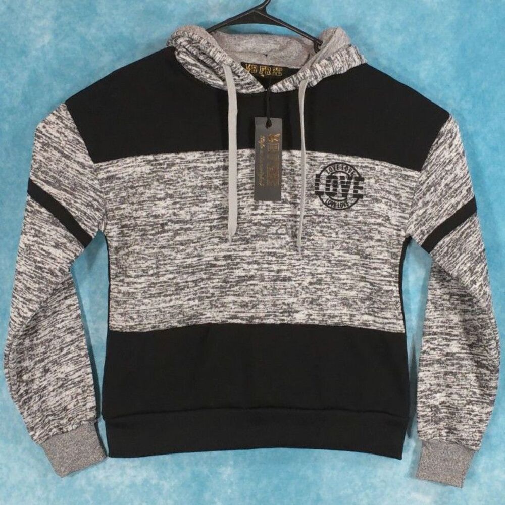 B Free NWT Love Long sleeve Pullover Hoodie, Gray/Black, Size Medium